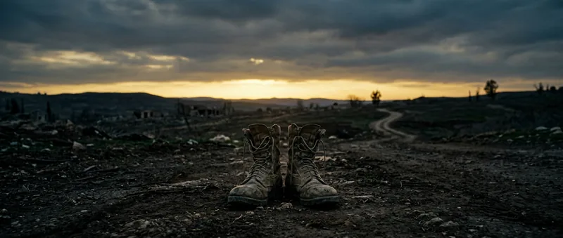 Worn military boots on dark ground with golden horizon light symbolizing veterans carrying combat PTSD