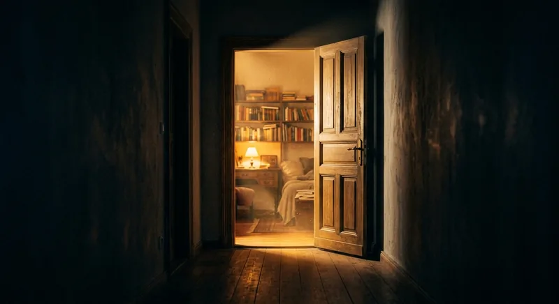 Open door with warm golden light pouring into dark hallway symbolizing the first session