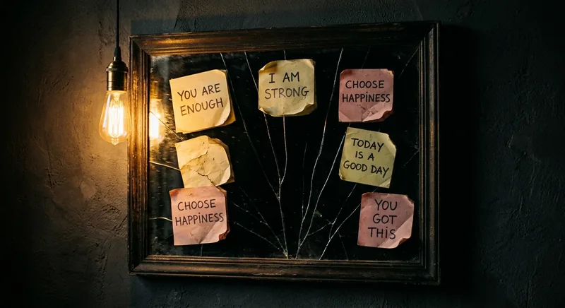 Cracked mirror with peeling affirmation notes revealing darkness beneath symbolizing why affirmations fail
