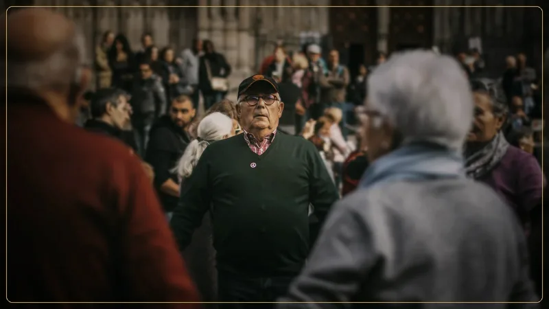 A person stands motionless in a moving crowd, illustrating a freeze-like defensive state during social threat