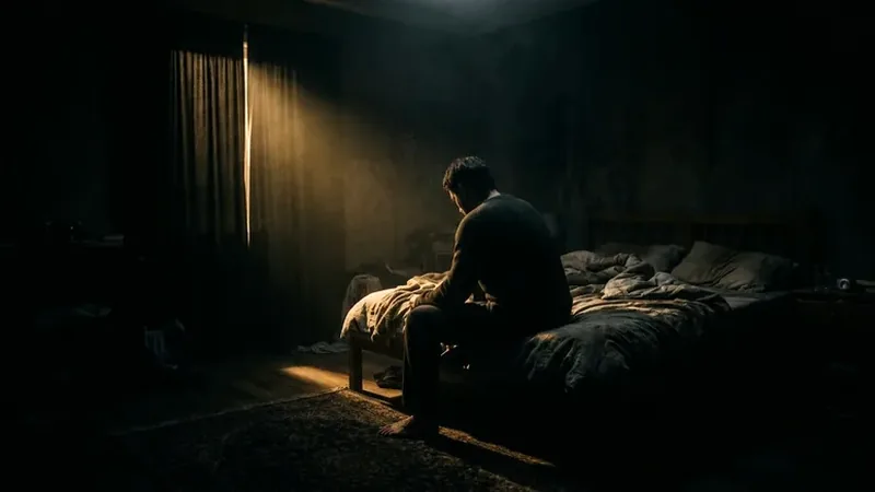 A person sits upright in bed at dawn while the room remains quiet and the body is already braced for danger