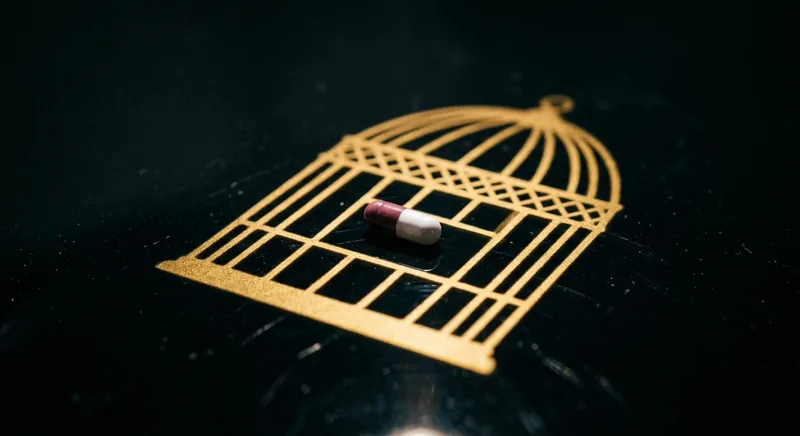 Single pill casting a cage-shaped golden shadow symbolizing medication addressing symptoms not structure