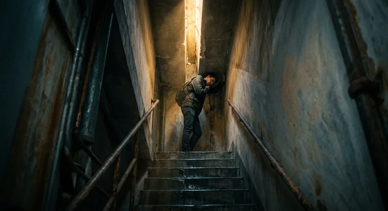 Figure climbing dark stairs that end at a solid ceiling with golden light through cracks symbolizing therapy plateau