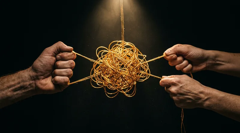 Tangled golden threads being pulled tighter by two hands symbolizing why thinking cannot solve fear